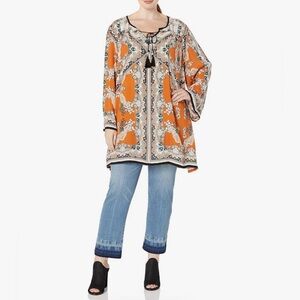 Orange Printed Tie-Front Women's Tunic Top